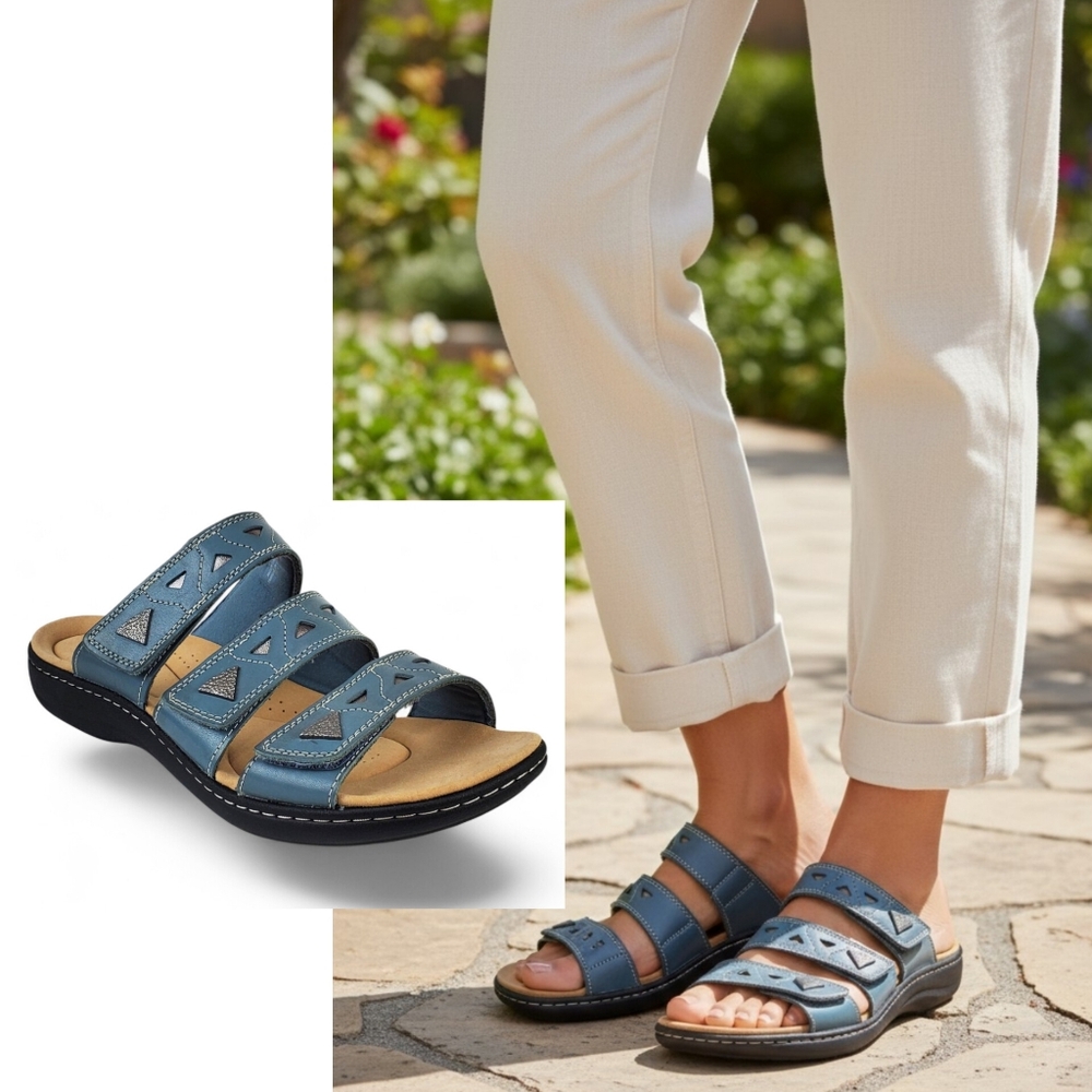 New Clarks wide width Laurieann Nora strappy sandals blue grey leather grandma